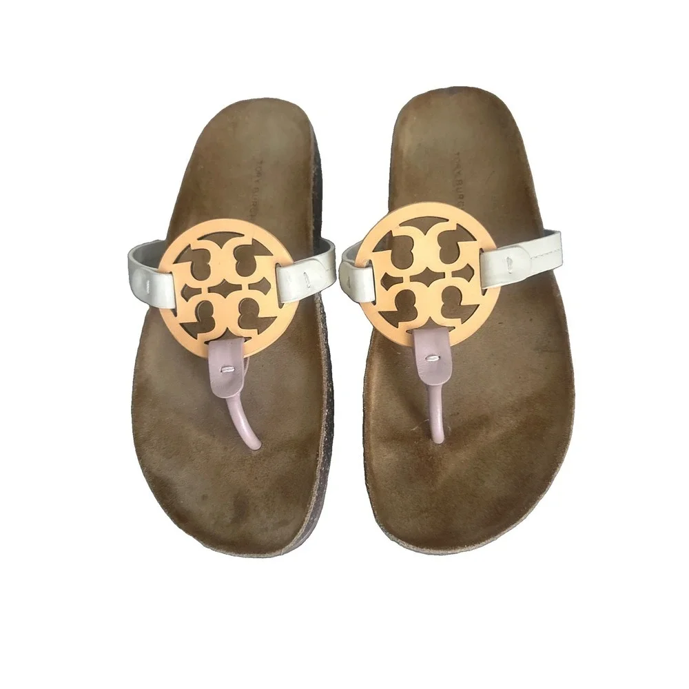 Tory Burch Miller Cloud Laser Cut Pale Peach Leather Comfort Thong Sandals 7.5